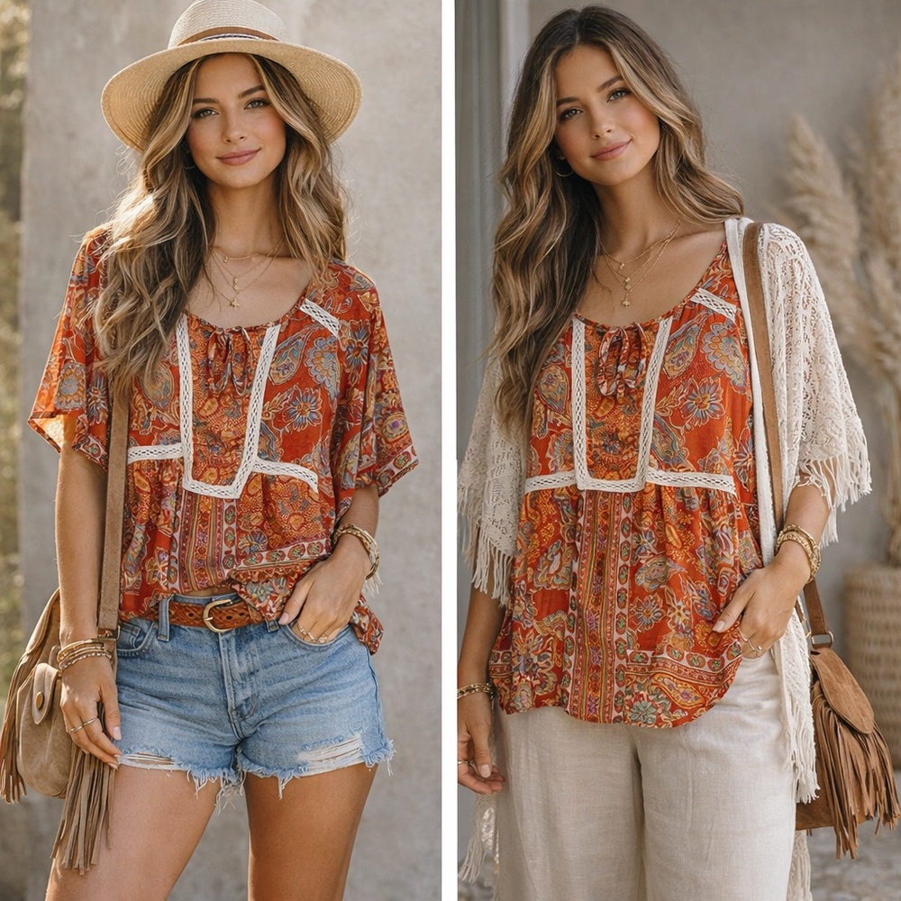 new directions Orange Paisley Lace-Trim Peasant Blouse 03-0116